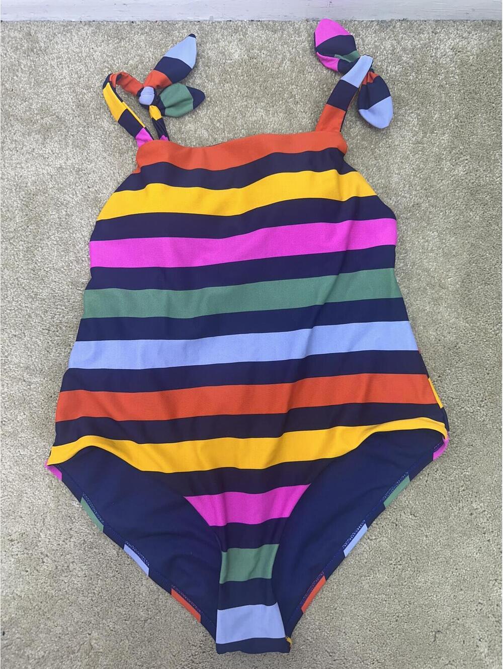 Women’s Sz L GB Bold Striped Square Neck One Piece Bathing Suit Tied Straps